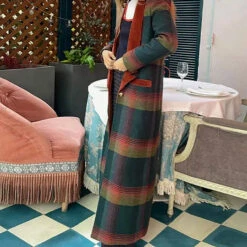 Maxi Manteau Vintage à Carreaux Et Col Coloré Pour Femme -Vintage Soldes 0 845708