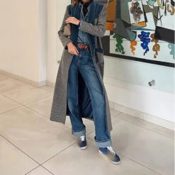 Maxi Manteau Vintage à Carreaux Et Col Coloré Pour Femme -Vintage Soldes 0 a1c617