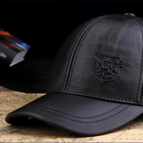 Casquette Vintage Décontractée En Cuir Noir Véritable Pour Homme 3 Casquette Vintage Décontractée En Cuir Noir Véritable Pour Homme – Image 3