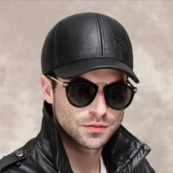 Casquette Vintage Décontractée En Cuir Noir Véritable Pour Homme