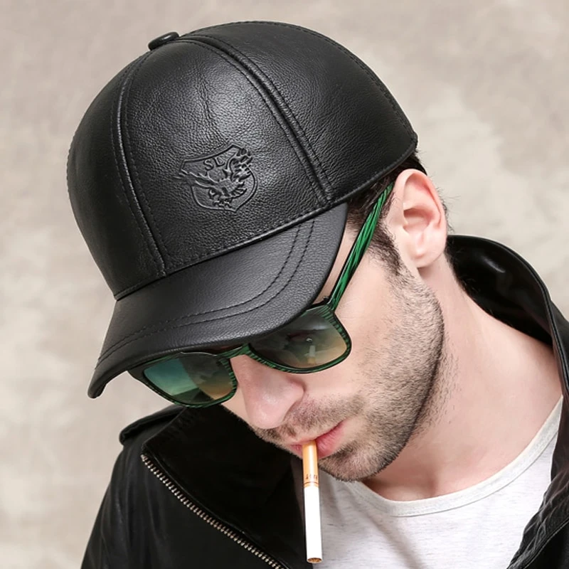 Casquette Vintage Décontractée En Cuir Noir Véritable Pour Homme 2 Casquette Vintage Décontractée En Cuir Noir Véritable Pour Homme – Image 2