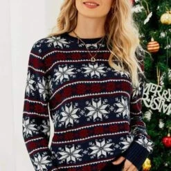 Pull De Noël Pour Femme Rayé à Motifs Flocons De Neige -Vintage Soldes 86294 c92fe5