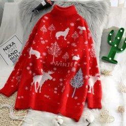 Pull De Noël Vintage Imprimé à Col Roulé -Vintage Soldes 86598 kblxu1