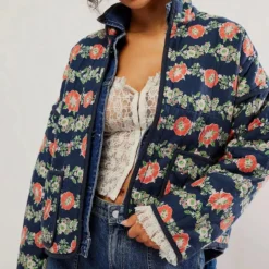 Veste Vintage Courte Matelassée à Motif Fleurs Pour Femme