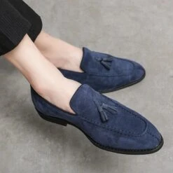 Mocassins Vintage à Glands Pour Homme -Vintage Soldes IMG 120324 mocassinsdaim bleu dehaut