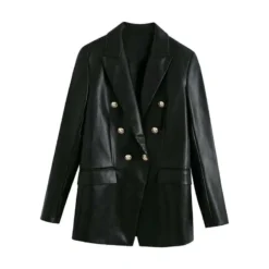 Blazer Vintage Effet Cuir Noir Et Boutons Dorés Pour Femme