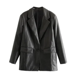 Blazer Vintage Faux Cuir à Manche Longue Pour Femme