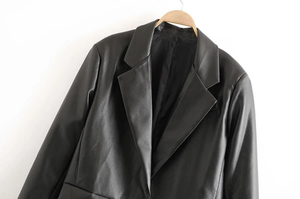 Blazer Vintage Faux Cuir à Manche Longue Pour Femme 4 Blazer Vintage Faux Cuir à Manche Longue Pour Femme – Image 4