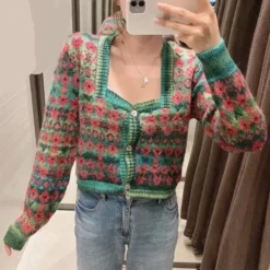 Cardigan Vintage En Tricot Avec Motifs De Coquelicots -Vintage Soldes cardigan vintage en tricot avec motifs de coquelicots 6