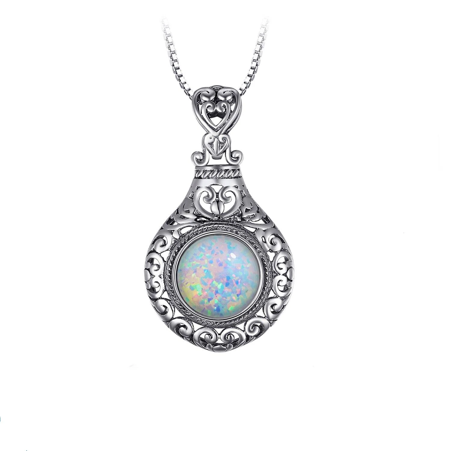 Collier Vintage Argent Pendentif Pierre Colorée