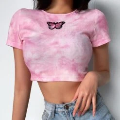 Crop Top Papillon En Tie And Dye Vintage Pour Femme 12 Crop Top Papillon En Tie And Dye Vintage Pour Femme -Vintage Soldes crop top papillon en tie and dye vintage pour femme rose s