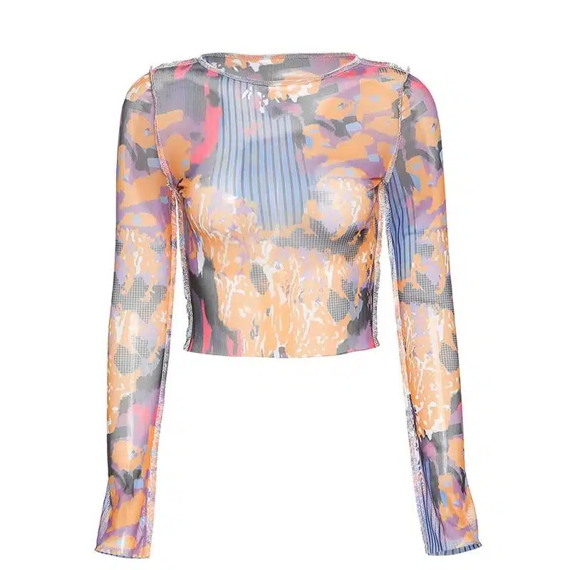 Crop Top Transparent à Manches Longues Multicolore Vintage 1 Crop Top Transparent à Manches Longues Multicolore Vintage
