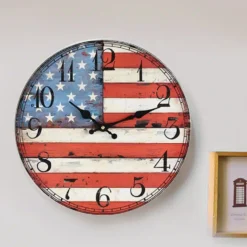 Horloge Murale Drapeau Américain En Bois Style Rétro