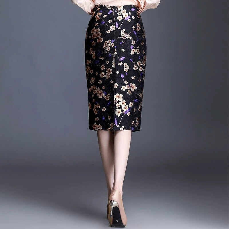 Jupe Droite Vintage De Couleur Noire Imprimée Fleur 2 Jupe Droite Vintage De Couleur Noire Imprimée Fleur – Image 2