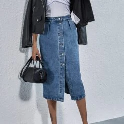 Jupe Vintage Midi En Jean Bleu Délavé Avec Poches -Vintage Soldes jupe vintage midi en jean bleu delave avec poches 4