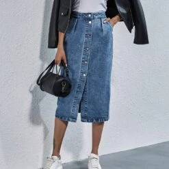 Jupe Vintage Midi En Jean Bleu Délavé Avec Poches -Vintage Soldes jupe vintage midi en jean bleu delave avec poches 5