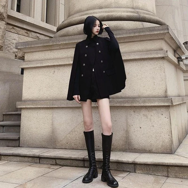 Manteau Rétro Noir Style Cape Pour Femme 4 Manteau Rétro Noir Style Cape Pour Femme – Image 4