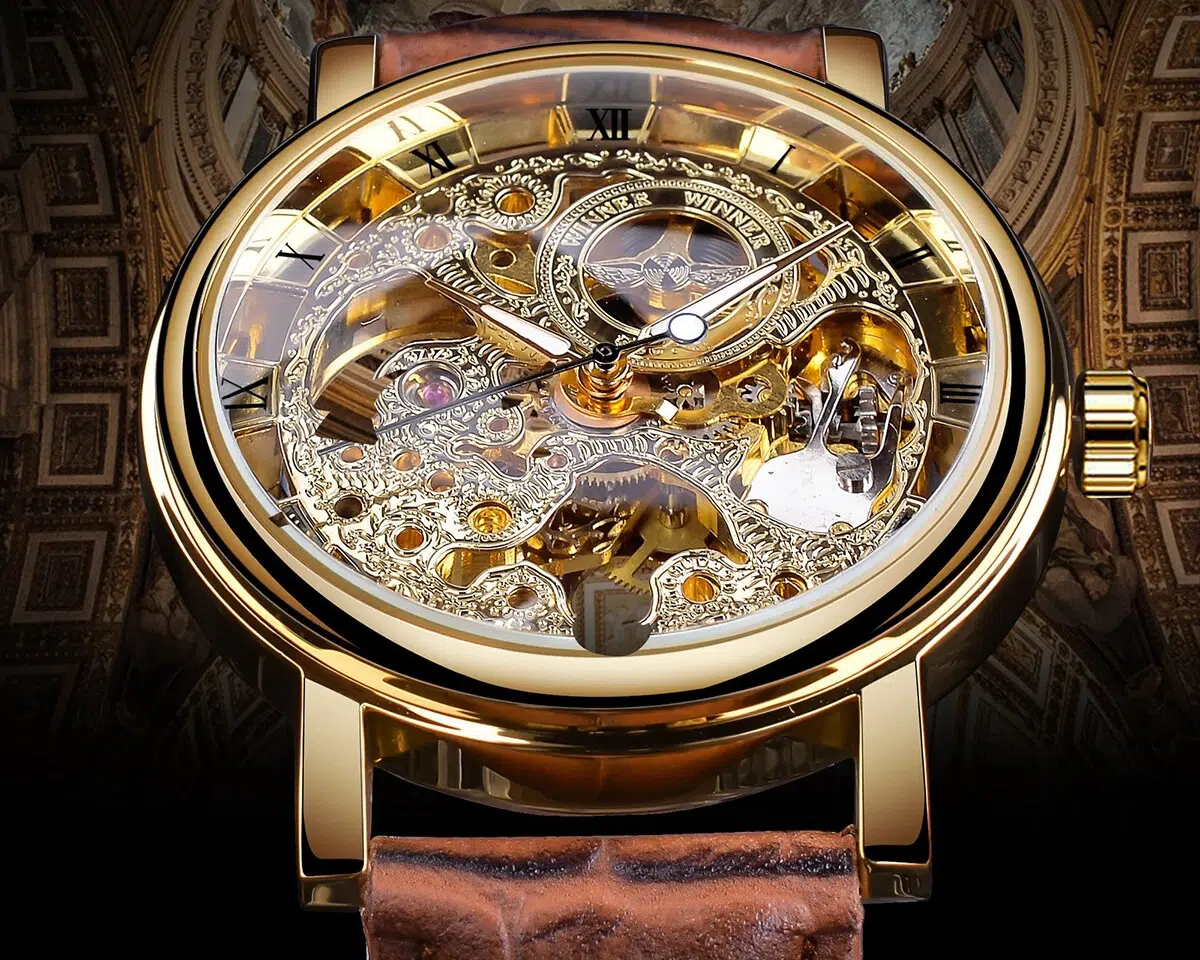 Montre De Bracelet En Cuir Marron Pour Hommes Avec Boîtier Transparent 2 Montre De Bracelet En Cuir Marron Pour Hommes Avec Boîtier Transparent – Image 2