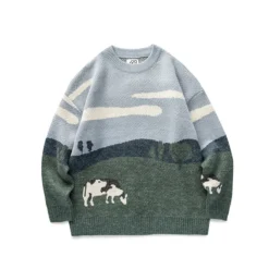 Pull Homme Vintage Avec Motif Campagne Et Vaches