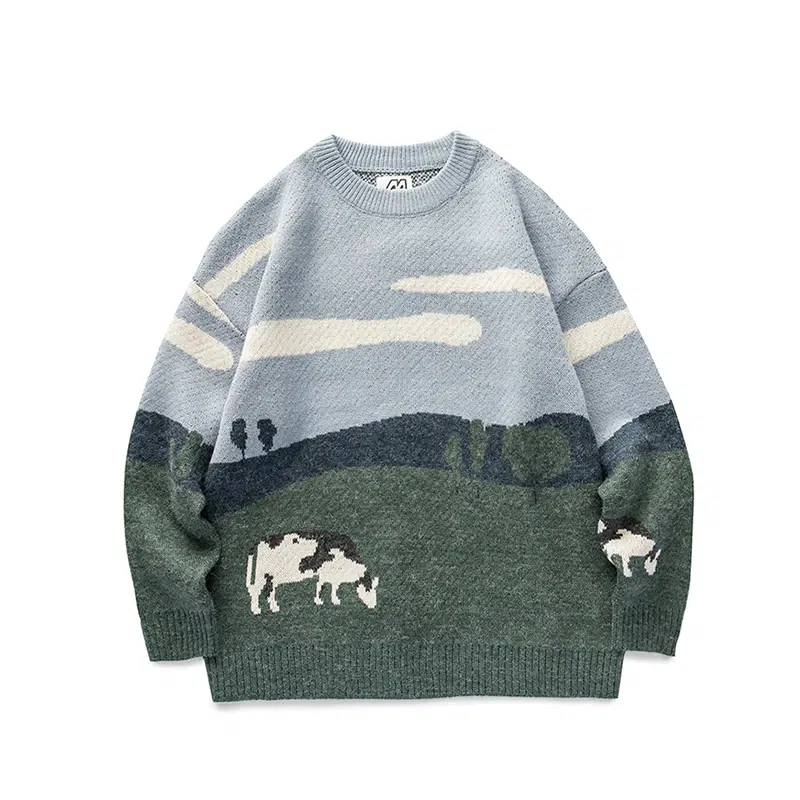 Pull Homme Vintage Avec Motif Campagne Et Vaches 1 Pull Homme Vintage Avec Motif Campagne Et Vaches