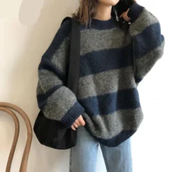 Pull Vintage à Larges Rayures Pour Femme