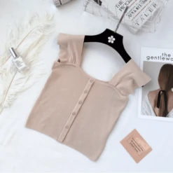 T-shirt Court Tricoté Et à Boutons Vintage Pour Femme -Vintage Soldes t shirt court tricote et a boutons vintage pour femme 3