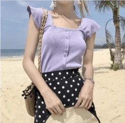 T-shirt Court Tricoté Et à Boutons Vintage Pour Femme -Vintage Soldes t shirt court tricote et a boutons vintage pour femme 7