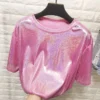 T-shirt Rétro Brillant à Col Rond Pour Femme