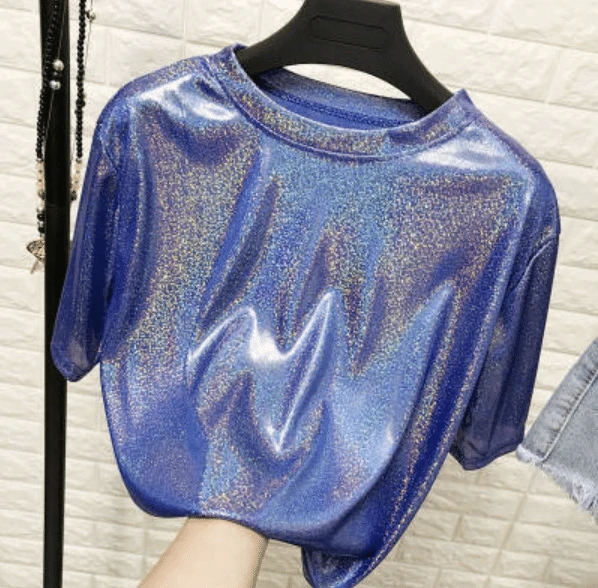 T-shirt Rétro Brillant à Col Rond Pour Femme 4 T-shirt Rétro Brillant à Col Rond Pour Femme – Image 4