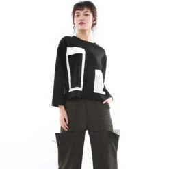 T-shirt Rétro Noir Et Blanc à Manches Longues Et Col Rond -Vintage Soldes t shirt retro noir et blanc a manches longues et col rond 2