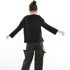 T-shirt Rétro Noir Et Blanc à Manches Longues Et Col Rond -Vintage Soldes t shirt retro noir et blanc a manches longues et col rond 5