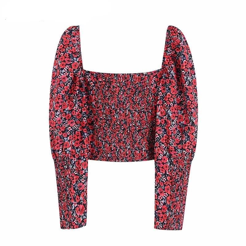 Top Rétro Imprimé Floral Rouge Pour Femme 2 Top Rétro Imprimé Floral Rouge Pour Femme – Image 2