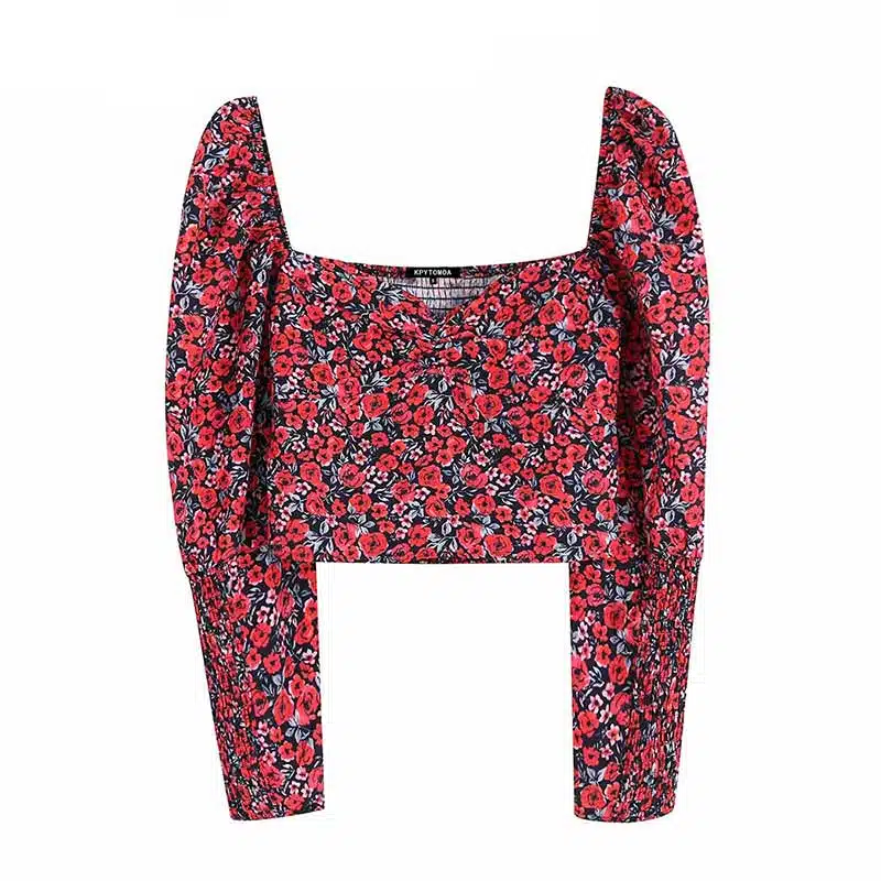 Top Rétro Imprimé Floral Rouge Pour Femme 1 Top Rétro Imprimé Floral Rouge Pour Femme