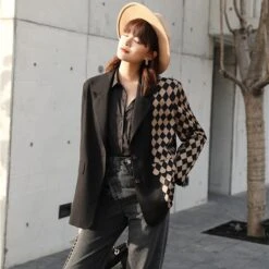 Veste Blazer Vintage Noir Et à Carreaux Pour Femme -Vintage Soldes veste blazer vintage noir et a carreaux pour femme 3