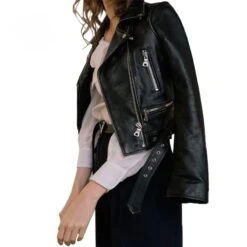 Veste Blouson Moto Vintage Noir Simili Cuir Pour Femme -Vintage Soldes veste blouson moto vintage noir simili cuir pour femme 3