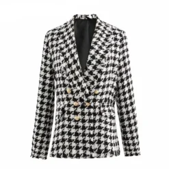Veste Chic Vintage Motif Pied-de-poule Et Boutons Dorés