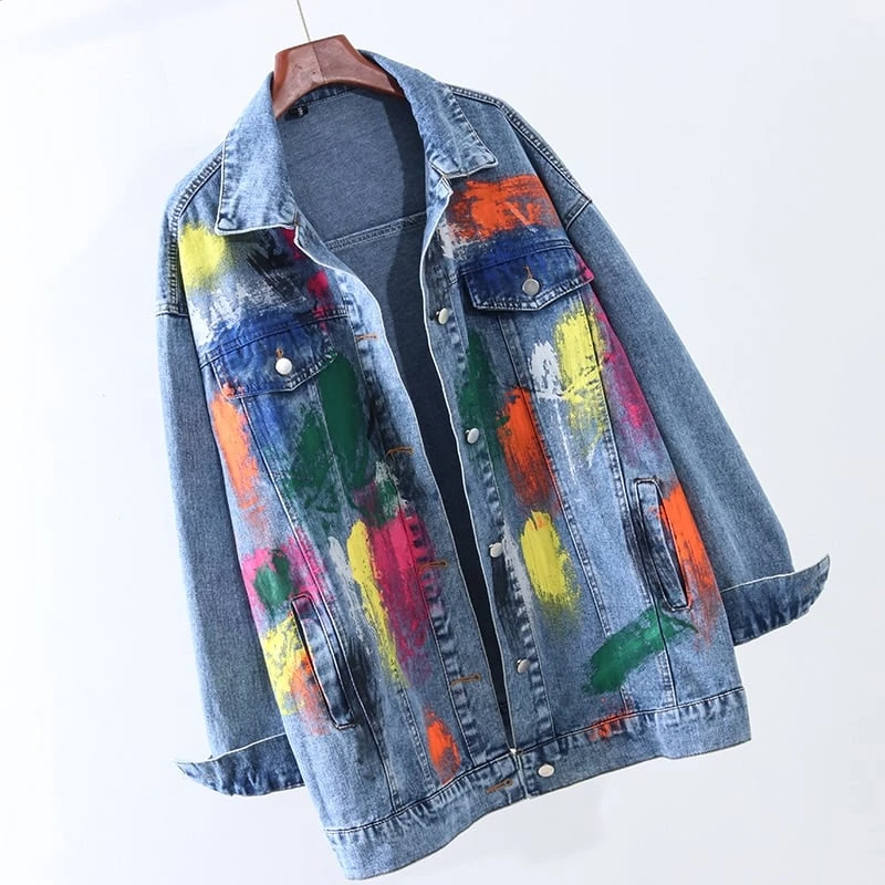 Veste En Jean Longue Vintage Et Tâches De Peintures Pour Femme 3 Veste En Jean Longue Vintage Et Tâches De Peintures Pour Femme – Image 3