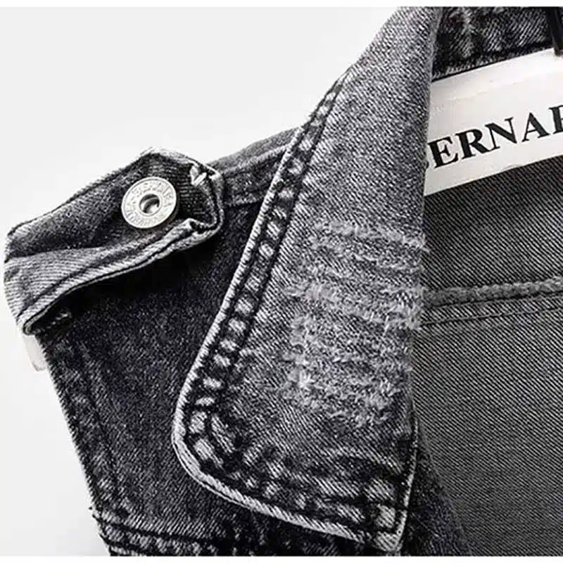 Veste En Jean Sans Manches Gris Vintage à Zip Pour Femme 3 Veste En Jean Sans Manches Gris Vintage à Zip Pour Femme – Image 3